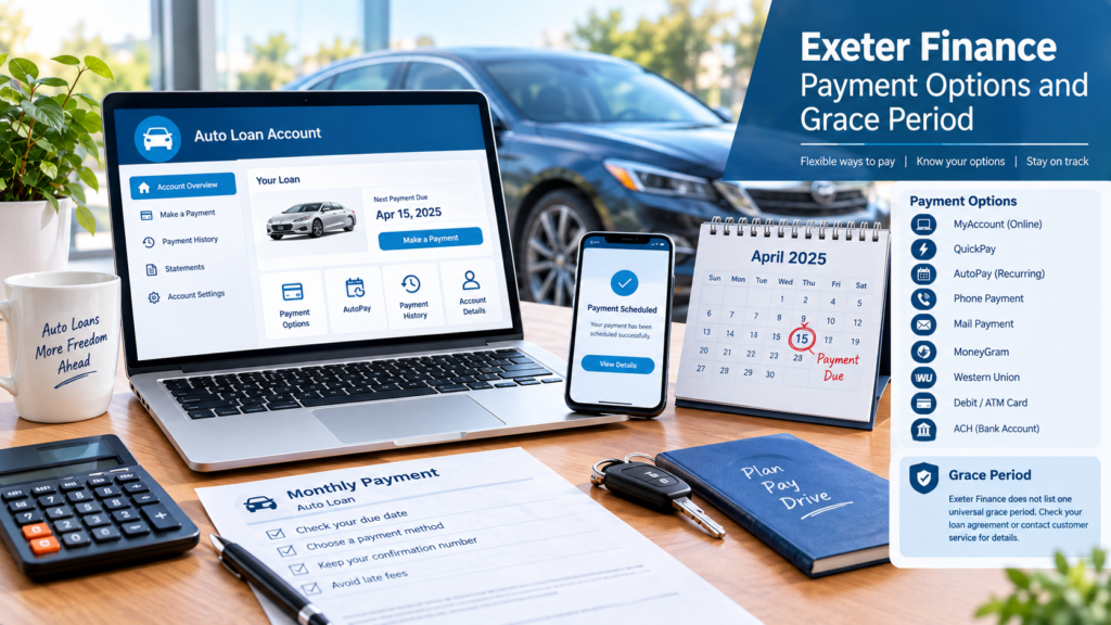 Exeter Finance payment options and grace period guide showing online payment, AutoPay, phone, mail, MoneyGram, Western Union, and account payment information.