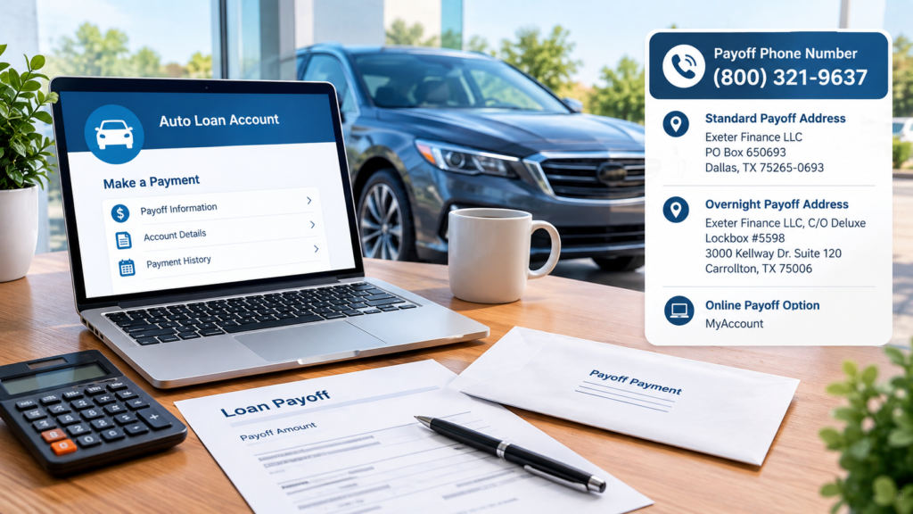 Exeter Finance auto loan payoff concept with a car, financial documents, calculator, and generic online payment screen.