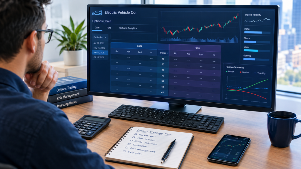 Investor analyzing a generic electric vehicle stock options trading strategy on a financial market screen.