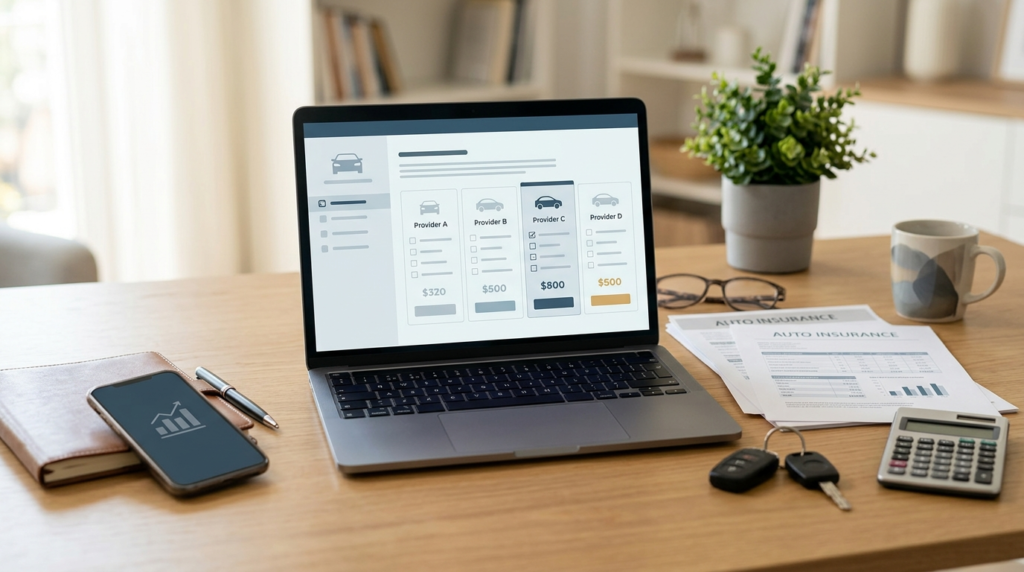 Professional desk with car insurance quote comparison on a laptop, car keys, calculator, and free car insurance quotes documents.