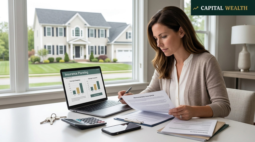 Homeowner reviewing USA homeowners insurance documents with a laptop and house keys at a desk.