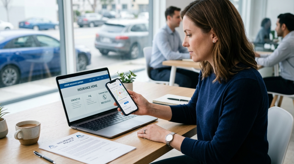 Professional insurance customer support setup with a smartphone, laptop, and generic auto insurance documents of  Progressive Insurance phone number .