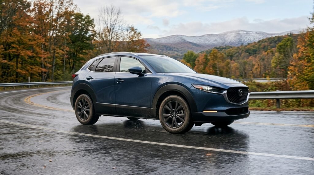 Featured Image Concept A premium automotive editorial scene showing a modern crossover equipped with all weather tires traveling on a wet road during changing seasonal conditions. The scene should communicate year round driving without exaggerating winter capability. Featured Image Prompt Create a realistic professional automotive editorial photograph, 1200 × 675 pixels, 16:9 aspect ratio. Show a modern crossover vehicle driving naturally on a wet paved road after rainfall, with subtle seasonal scenery in the background and a light amount of snow visible far in the distance. The tire area should be visible enough to communicate an all weather tire concept without displaying fake specifications. Use realistic natural lighting, authentic road reflections, detailed tire texture, premium automotive photography, clean composition, and a trustworthy editorial appearance. Do not include fake dashboards, fake product packaging, fake statistics, misleading performance claims, unnecessary text, fabricated documents, or random brand logos. The final image should look like an original professional photograph for an informational automotive article Goodyear Assurance.
