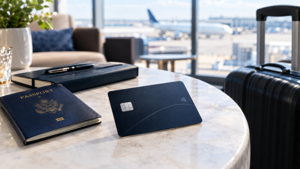 A premium travel credit card beside a passport and travel notebook in an airport lounge Capital One Venture X Review.
