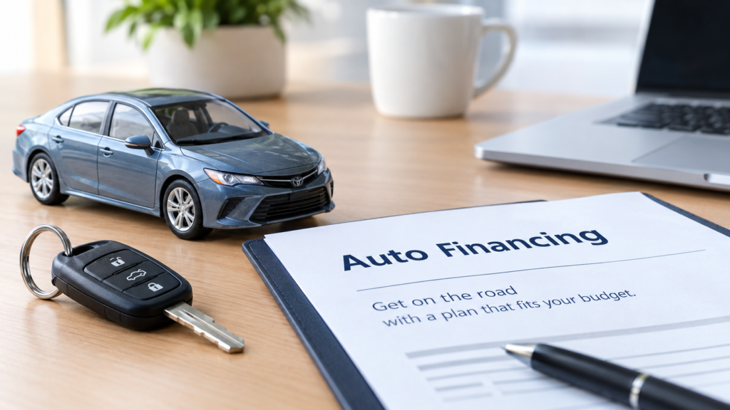 Proposed alt text, to be checked against the final image: Car buyer reviewing auto financing options on a laptop at a Capital One Auto Finance.