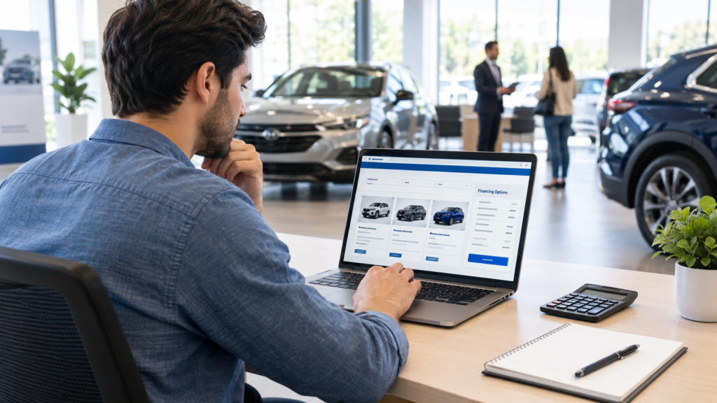 A car buyer reviewing vehicle options and auto financing information on a laptop at a modern dealership Capital One Auto Navigator .