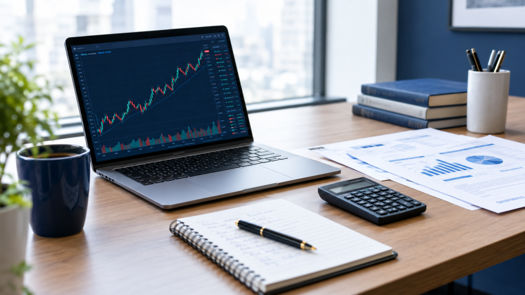 Create a realistic, premium editorial finance photograph for an article about the best stocks to buy now. Show a modern investor's desk with an open laptop displaying a generic stock market line chart, a financial notebook, a calculator, and neatly arranged research papers. Use a sophisticated navy blue, white, and neutral gray color palette, soft natural window lighting, subtle reflections, crisp details, and a professional investment research atmosphere. Composition should be clean, visually balanced, and suitable for a reputable personal finance website. Wide 16:9 landscape composition, 1200 × 675 pixels. No readable text, no company logos, no fabricated statistics, no fake account balances, no guaranteed returns, no watermarks.