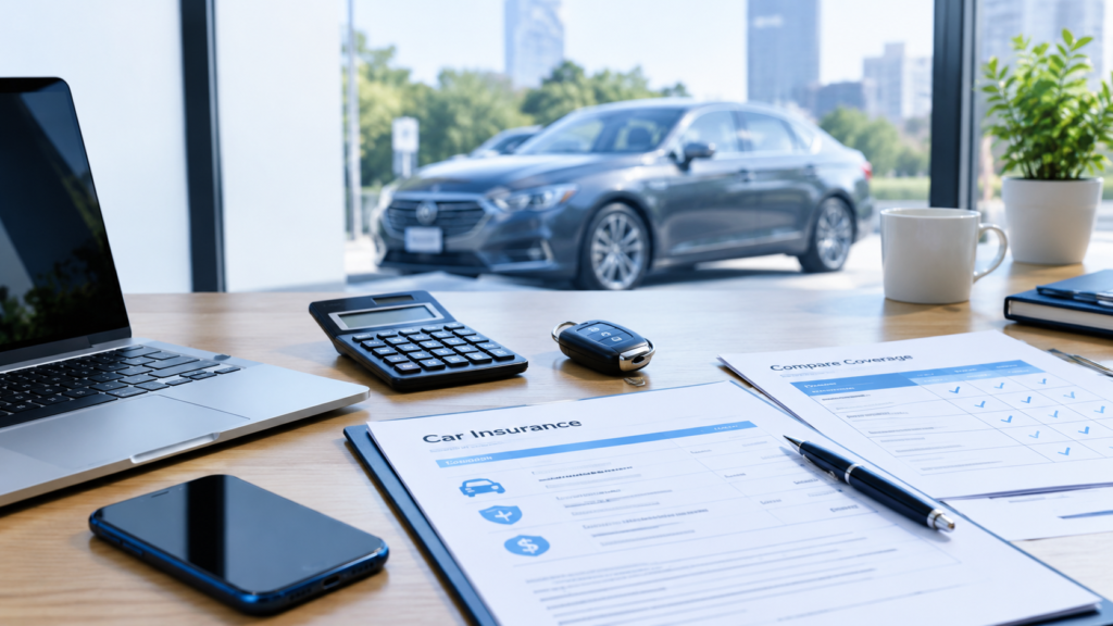 Car insurance comparison workspace with a vehicle, laptop, smartphone, calculator, and car insurance companies documents.