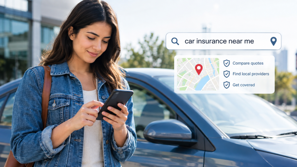 Driver comparing car insurance options with a laptop, smartphone, car keys, and vehicle in the background.