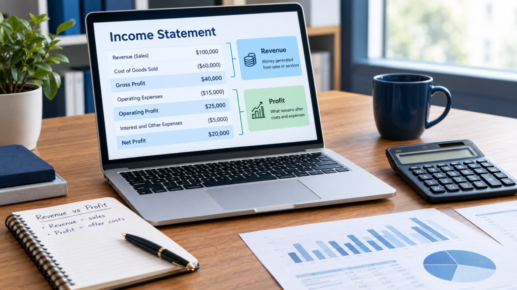 Professional finance workspace illustrating the difference between revenue and profit using an income statement concept revenue vs profit.