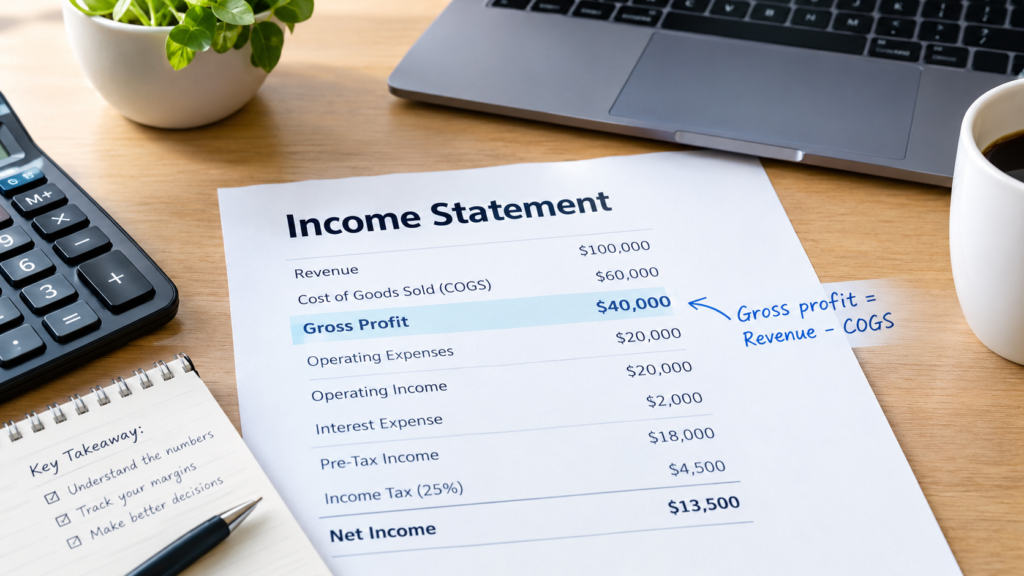 Financial analyst reviewing an income statement to calculate find gross profit from net sales and cost of goods sold.
