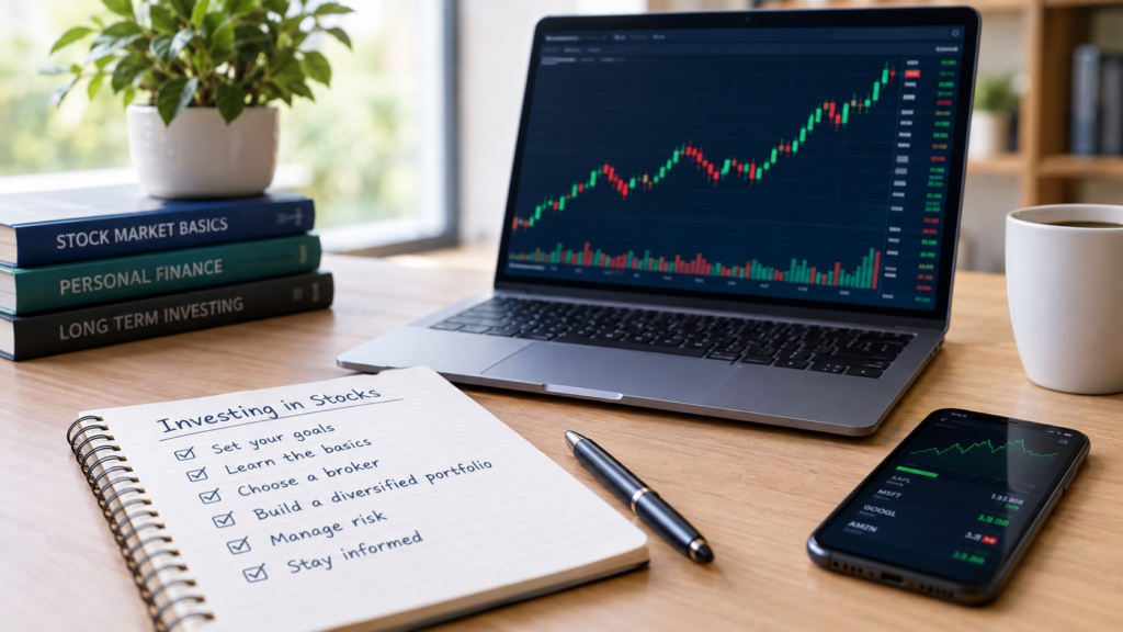Professional investing workspace with laptop showing a generic Invest in Stocks market chart, smartphone, calculator, and financial planning notebook.