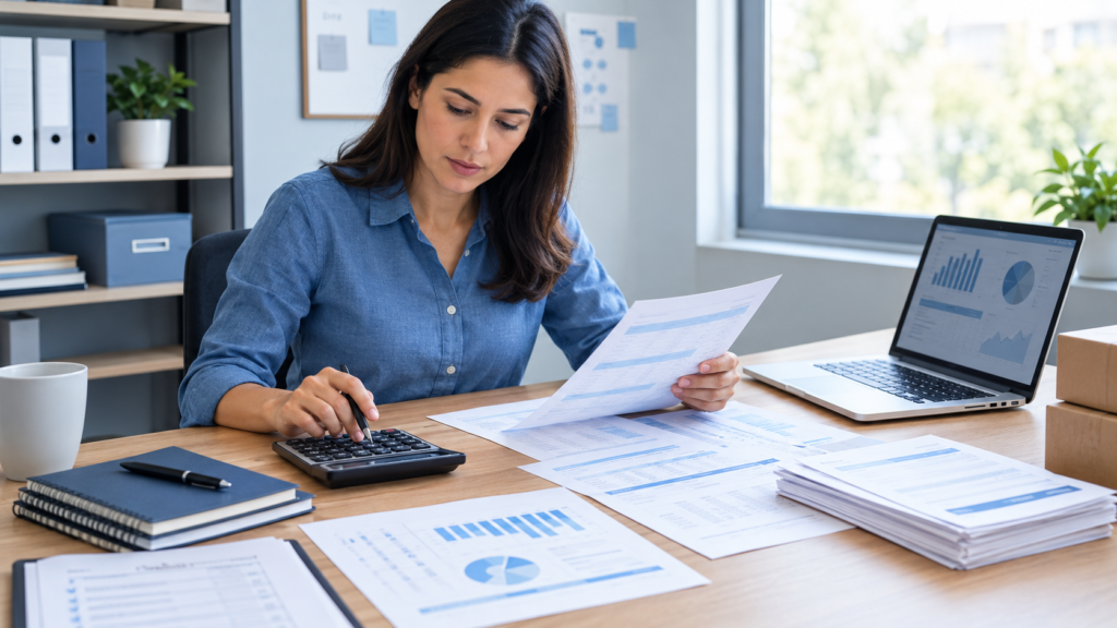 Small business owner reviewing cash flow reports, inventory records, and supplier invoices to manage working capital management. 