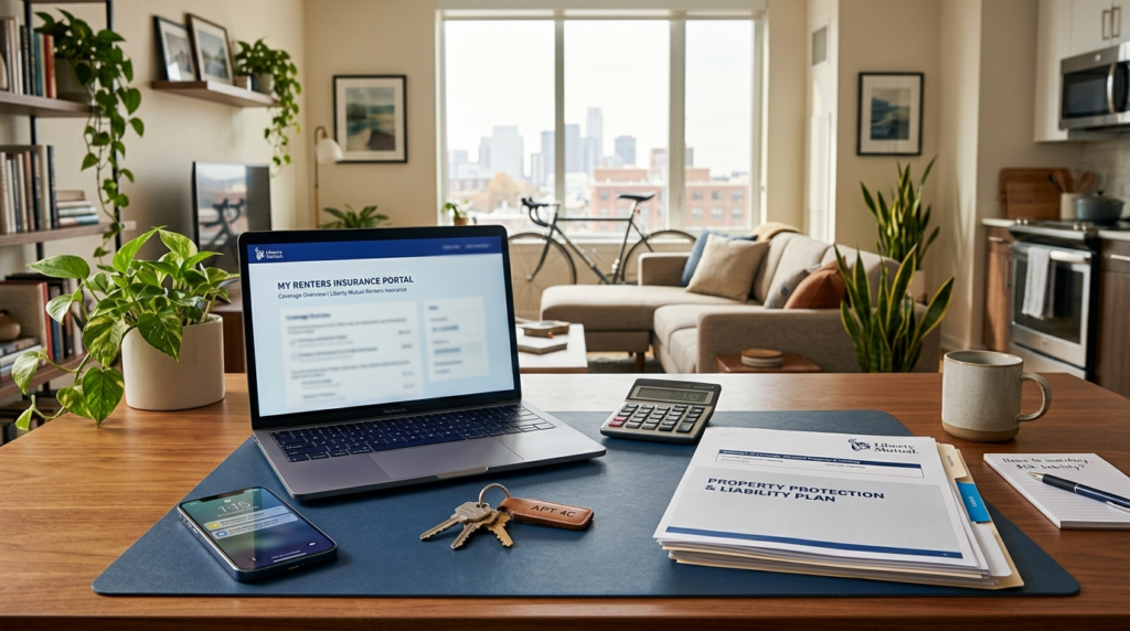 Modern apartment desk with laptop, keys, calculator, smartphone, and generic renters insurance paperwork.