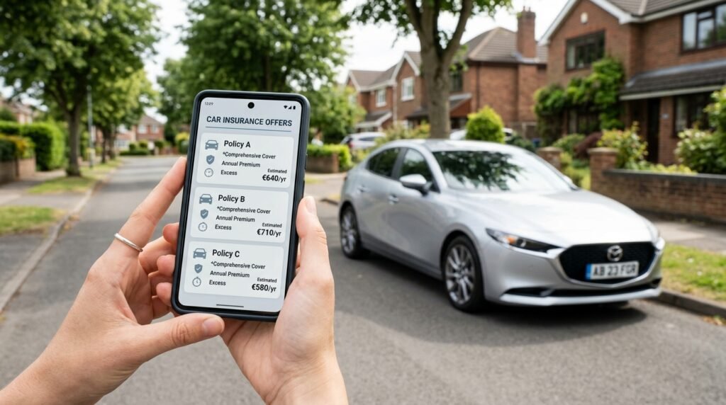 Modern car beside a smartphone showing a generic cheap car insurance quote comparison