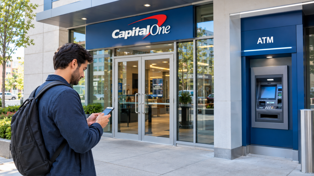 A customer checking a smartphone near an ATM outside a modern American bank branch Capital One near me.
