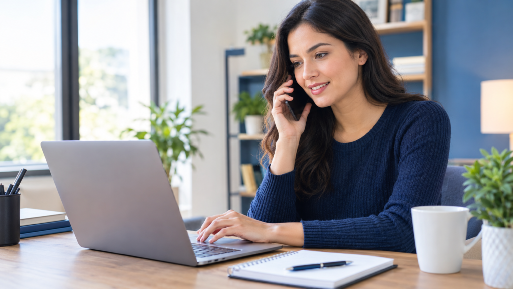 Customer contacting financial services support by phone while using a laptop at a home office desk capital one customer service.