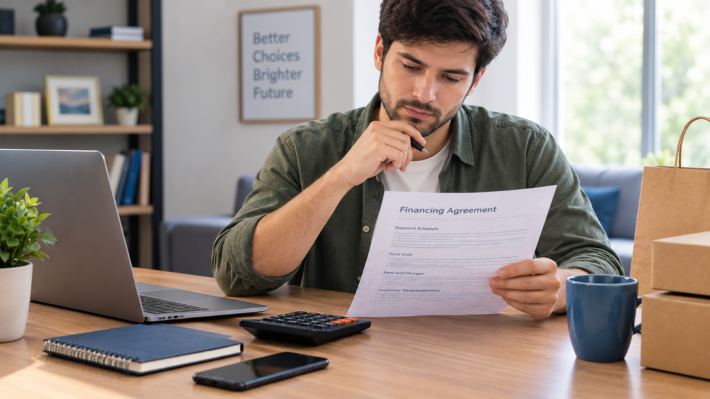A consumer reviewing a retail financing agreement and calculating installment payments at a desk American First Finance.