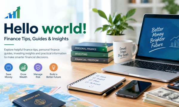 Hello World finance page featuring finance tips, personal finance guides, investing insights, and a modern workspace with a laptop and financial planning tools.