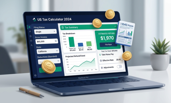 US Income Tax Calculator 2026 showing estimated tax brackets and take-home pay interface.