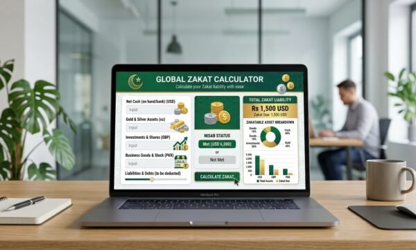 Zakat Calculator 2026 interface showing gold and silver Nisab values and asset breakdown.