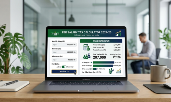 Pakistan Salary Tax Calculator 2026 showing FBR tax slabs and monthly net salary breakdown.