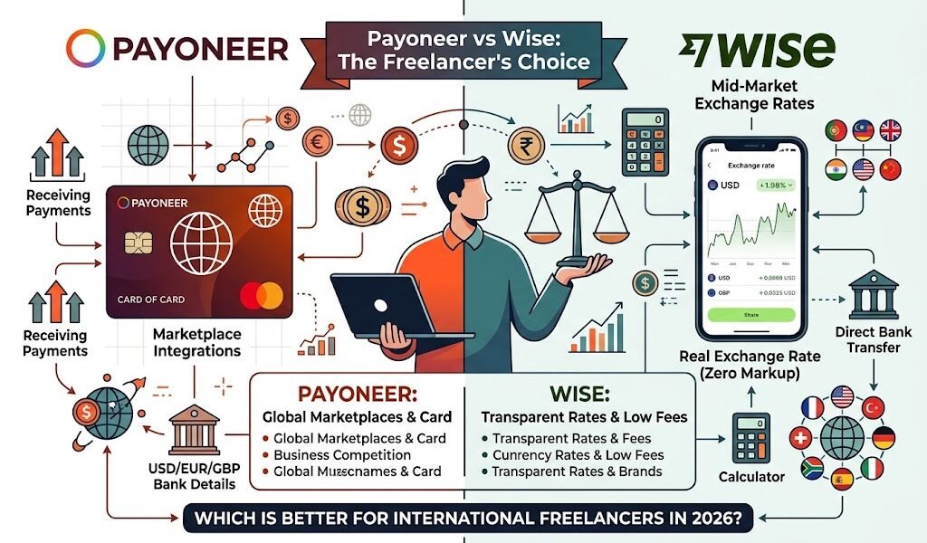 Payoneer vs Wise comparison for international freelancers payment fees 2026