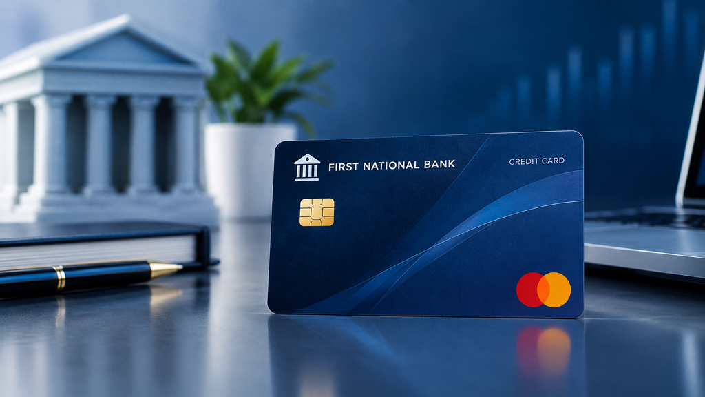 First National Bank credit card lying next to a pen, open notebook, and financial charts.