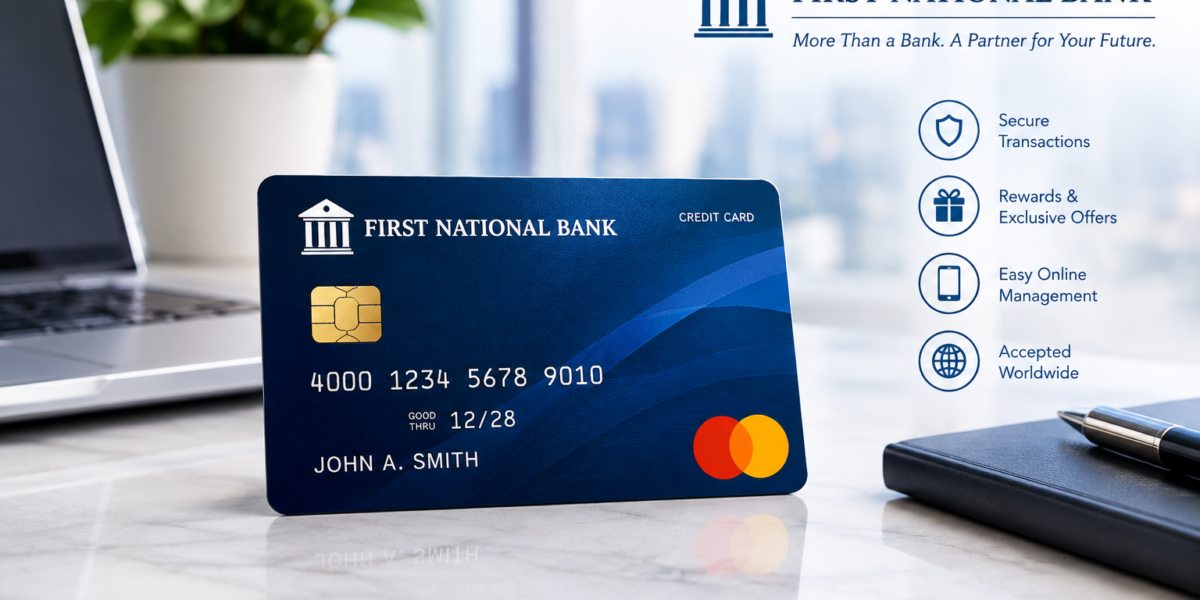 First National Bank credit card displayed against a clean, professional financial background.