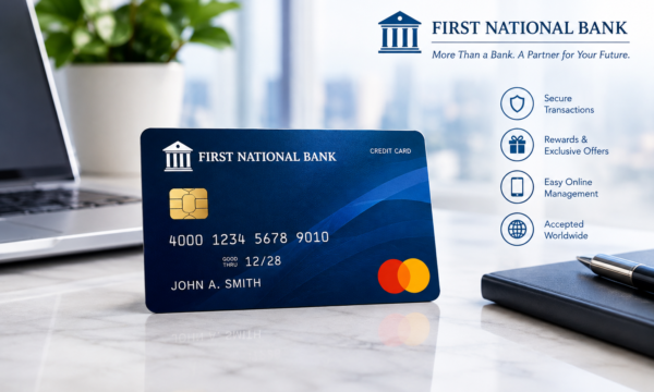 First National Bank credit card displayed against a clean, professional financial background.