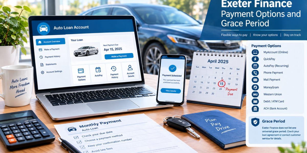 Exeter Finance payment options and grace period guide showing online payment, AutoPay, phone, mail, MoneyGram, Western Union, and account payment information.