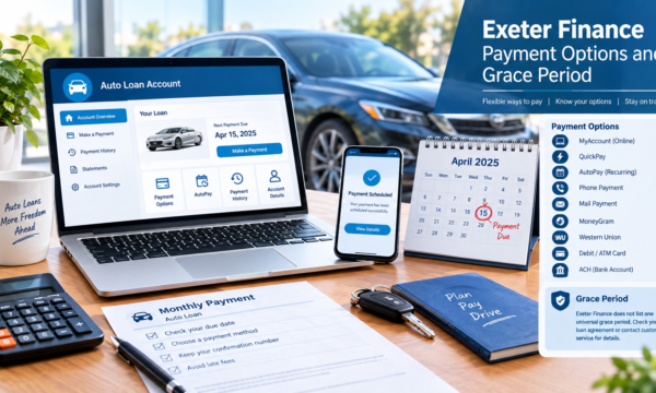 Exeter Finance payment options and grace period guide showing online payment, AutoPay, phone, mail, MoneyGram, Western Union, and account payment information.