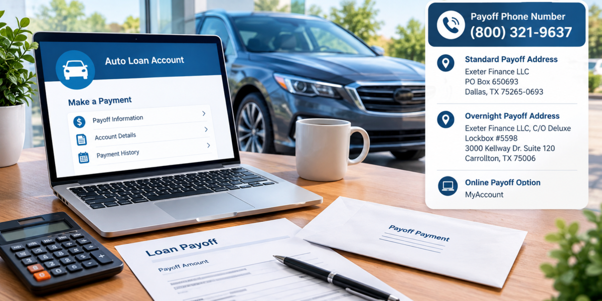 Exeter Finance auto loan payoff concept with a car, financial documents, calculator, and generic online payment screen.