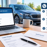 Exeter Finance auto loan payoff concept with a car, financial documents, calculator, and generic online payment screen.