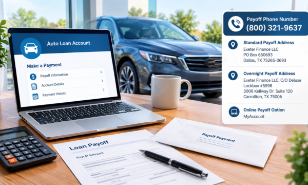 Exeter Finance auto loan payoff concept with a car, financial documents, calculator, and generic online payment screen.