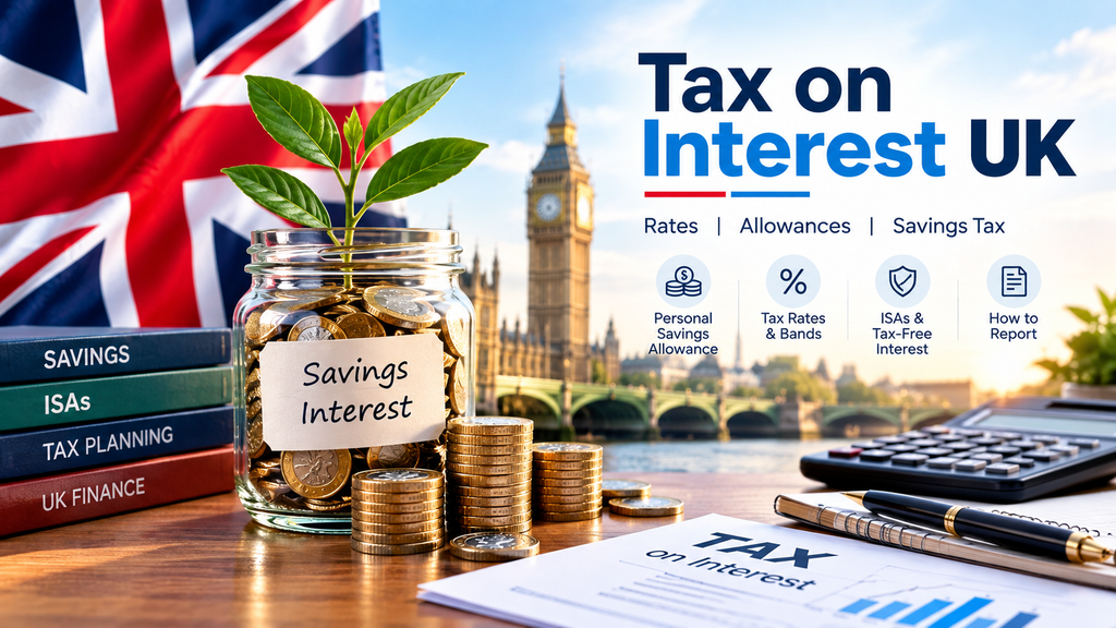 Tax on Interest UK featuring a jar filled with coins and a growing plant next to a UK flag, Big Ben, and icons for Personal Savings Allowance, Tax Rates, ISAs, and Reporting.