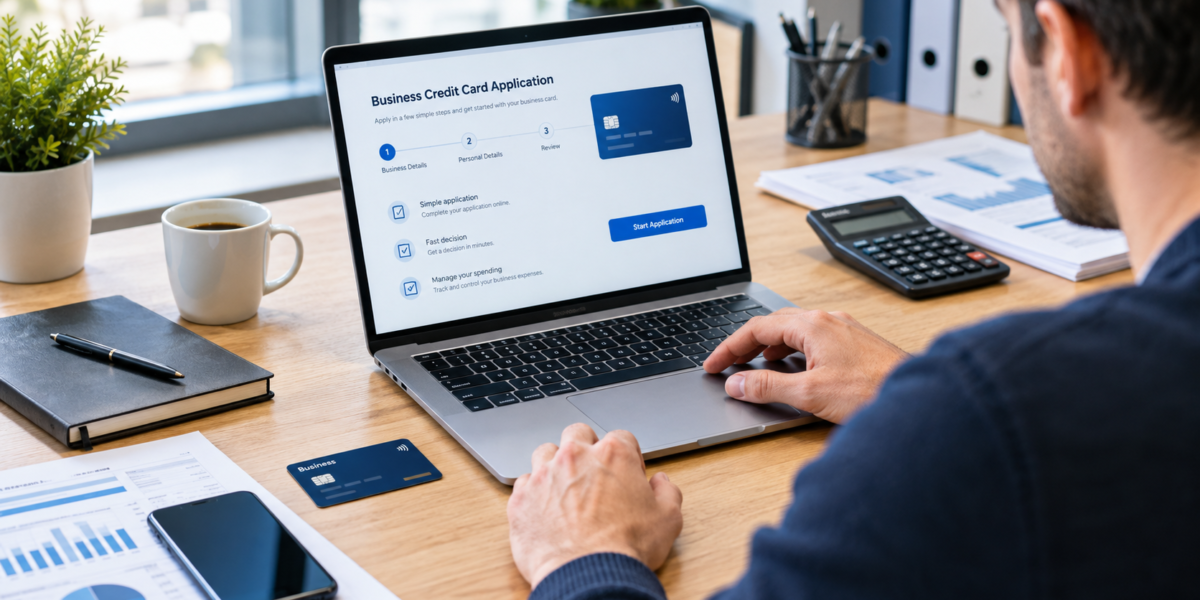 Small business owner applying for a business credit card on a laptop with financial documents, calculator, smartphone, and business card on a desk.