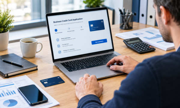 Small business owner applying for a business credit card on a laptop with financial documents, calculator, smartphone, and business card on a desk.