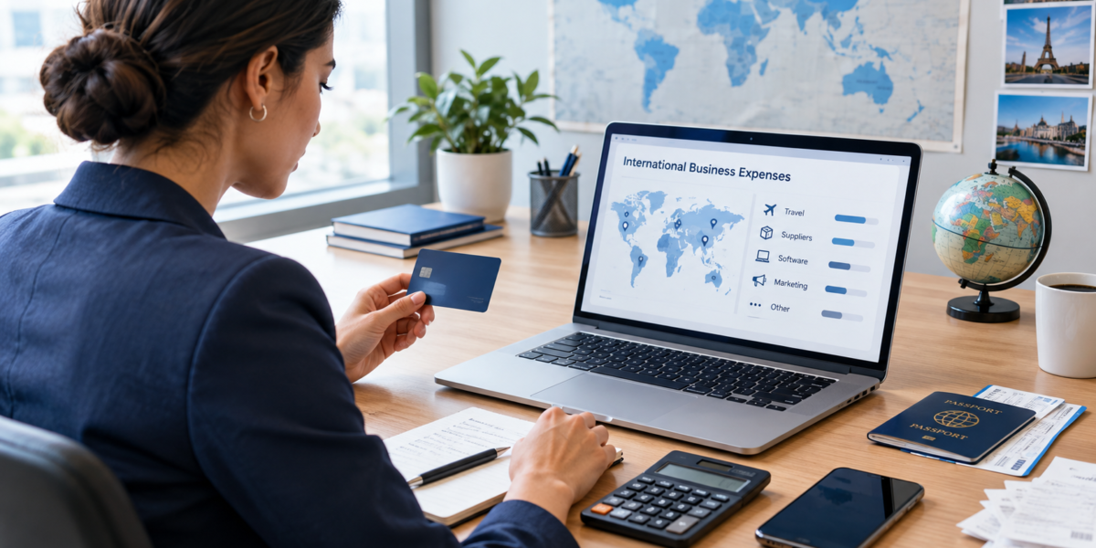Business owner reviewing international business expenses with a laptop, business credit card, travel documents, and financial tools.