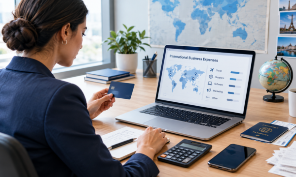 Business owner reviewing international business expenses with a laptop, business credit card, travel documents, and financial tools.