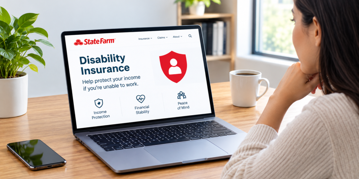 State Farm disability insurance information displayed on a laptop with income protection and financial security concepts.
