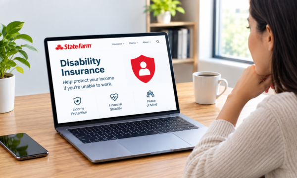 State Farm disability insurance information displayed on a laptop with income protection and financial security concepts.