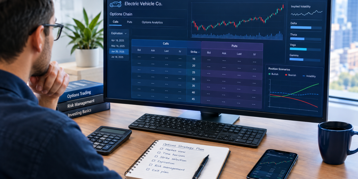 Investor analyzing a generic electric vehicle stock options trading strategy on a financial market screen.