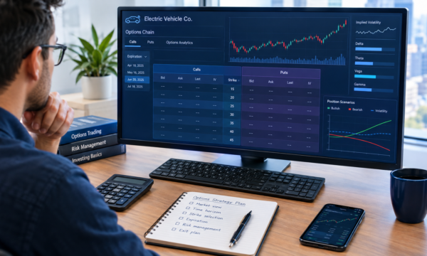 Investor analyzing a generic electric vehicle stock options trading strategy on a financial market screen.