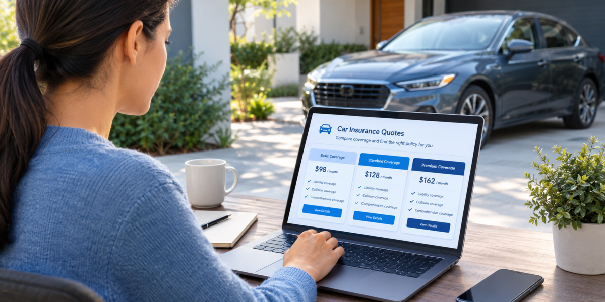 Person comparing car insurance quotes on a laptop beside a modern car.