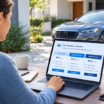 Person comparing car insurance quotes on a laptop beside a modern car.