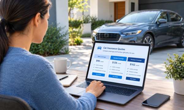 Person comparing car insurance quotes on a laptop beside a modern car.