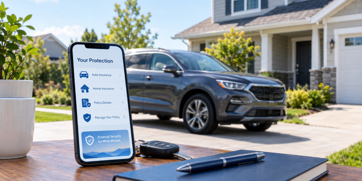 A smartphone showing an insurance app next to car keys, a pen, and a notebook, with a car parked outside a house in the background.