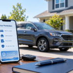 A smartphone showing an insurance app next to car keys, a pen, and a notebook, with a car parked outside a house in the background.