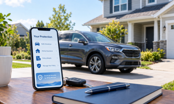 A smartphone showing an insurance app next to car keys, a pen, and a notebook, with a car parked outside a house in the background.